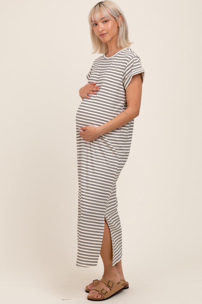 Black Striped Maternity Midi T-Shirt Dress