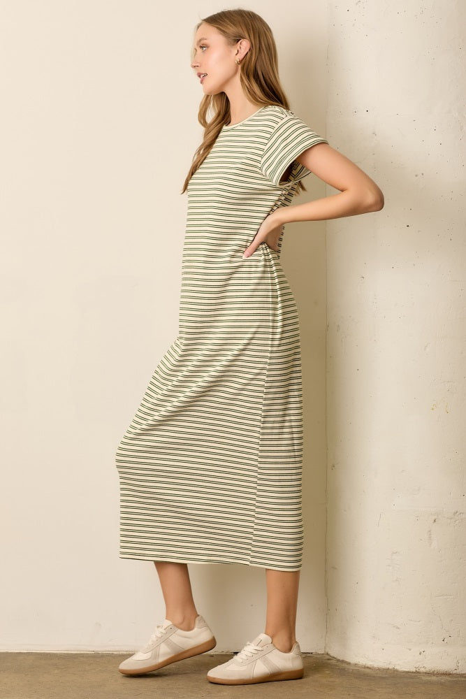 Olive Striped Midi T-Shirt Dress