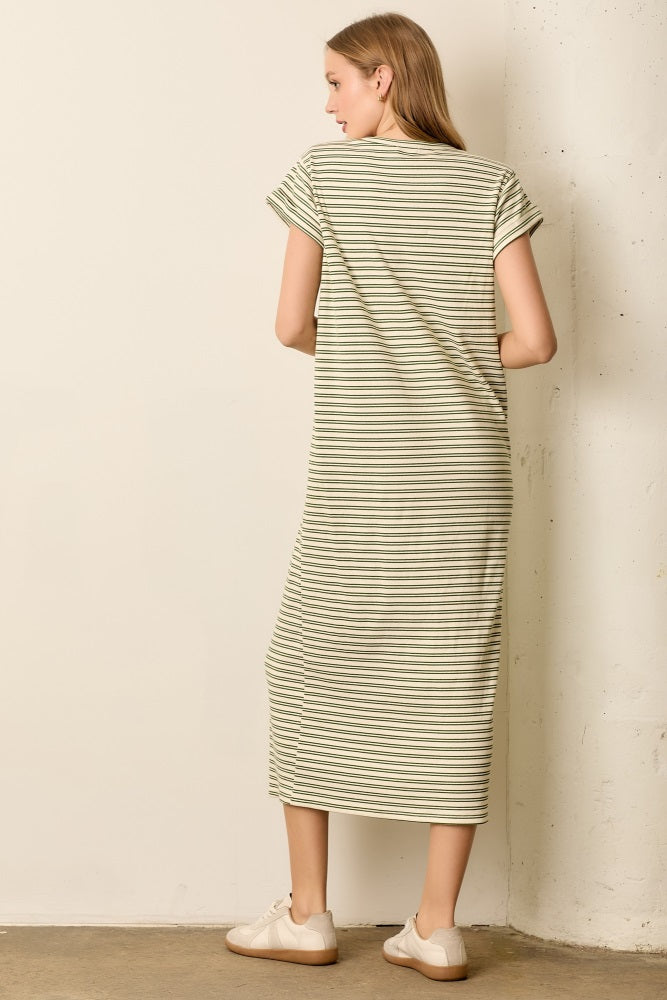 Olive Striped Midi T-Shirt Dress