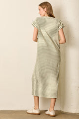 Olive Striped Midi T-Shirt Dress
