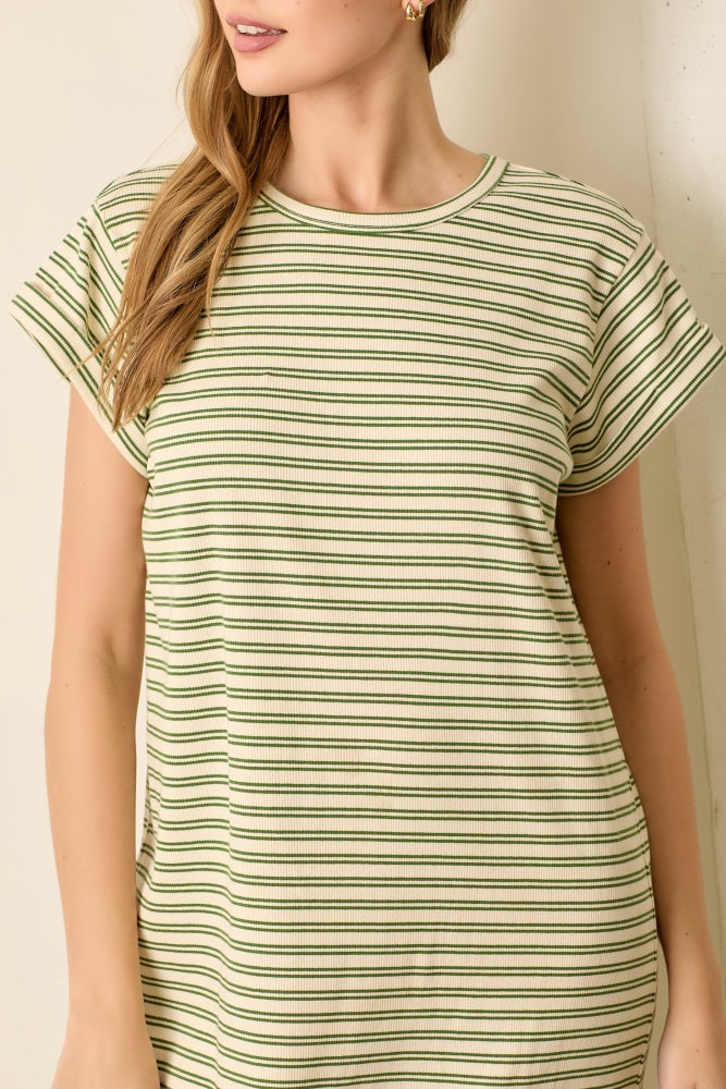 Olive Striped Midi T-Shirt Dress