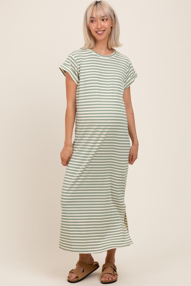 Olive Striped Maternity Midi T-Shirt Dress