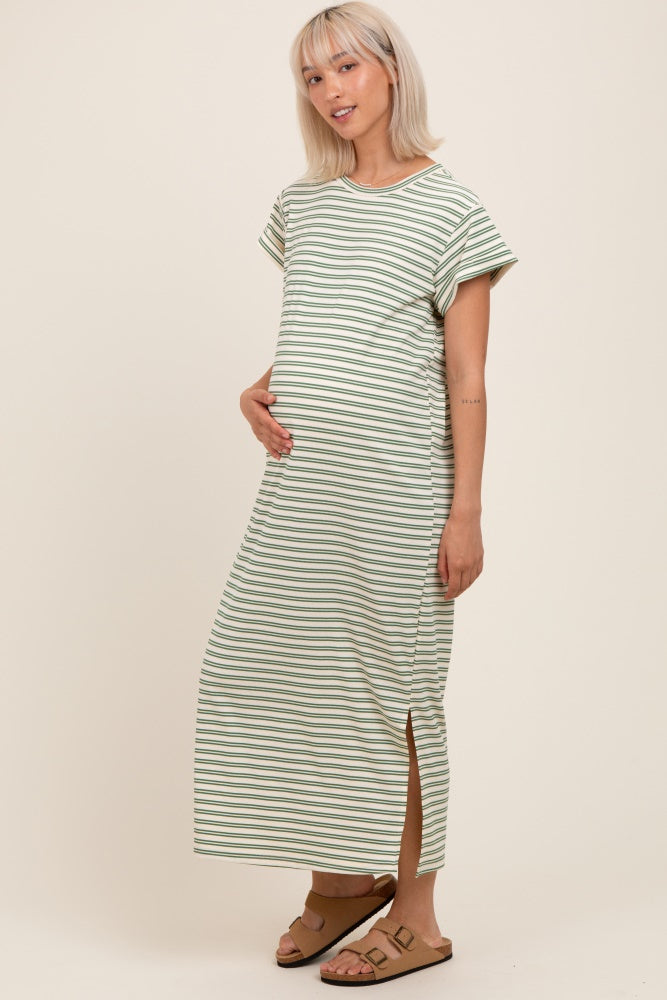 Olive Striped Maternity Midi T-Shirt Dress