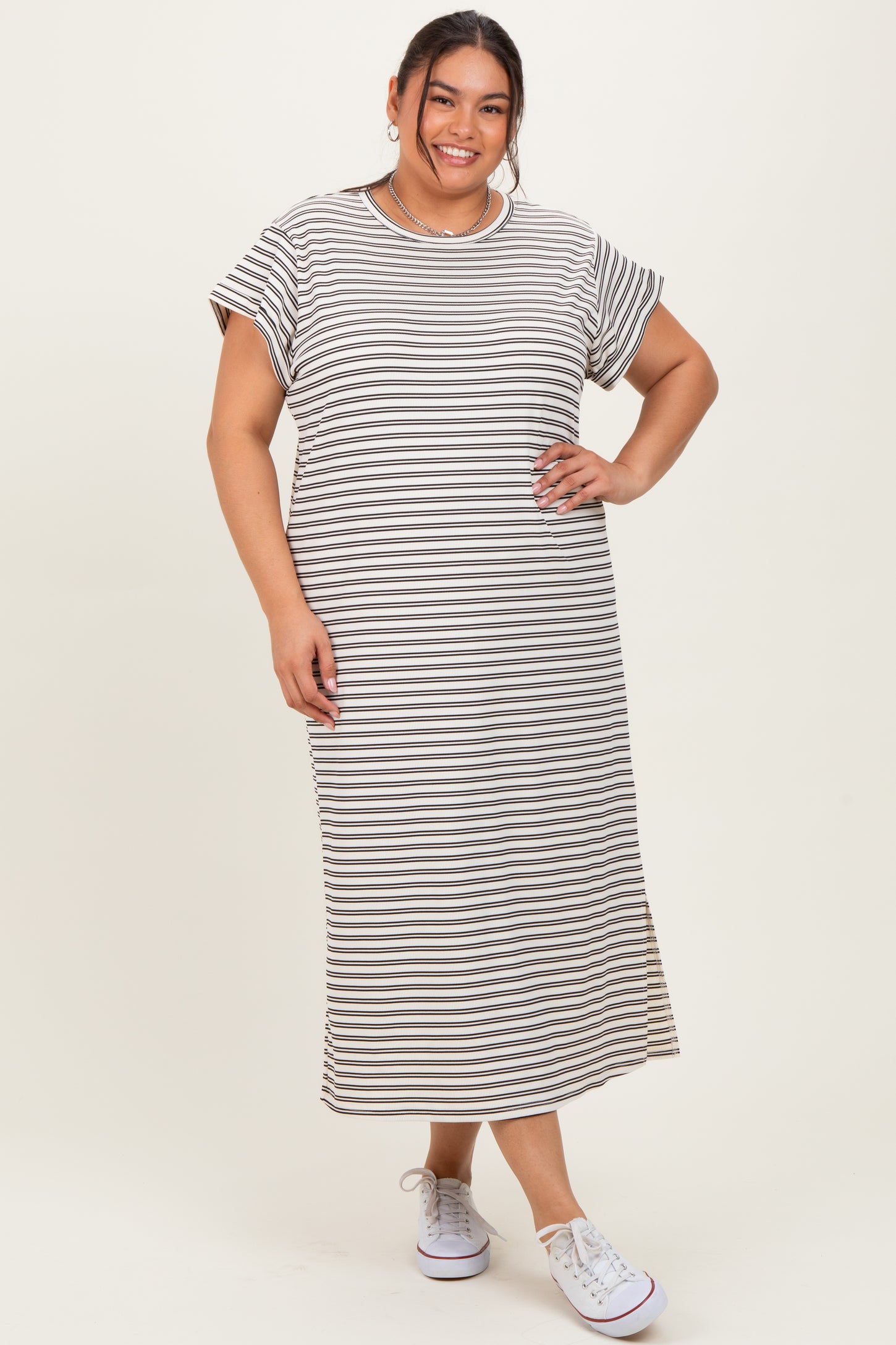 Black Striped Plus Midi T-Shirt Dress