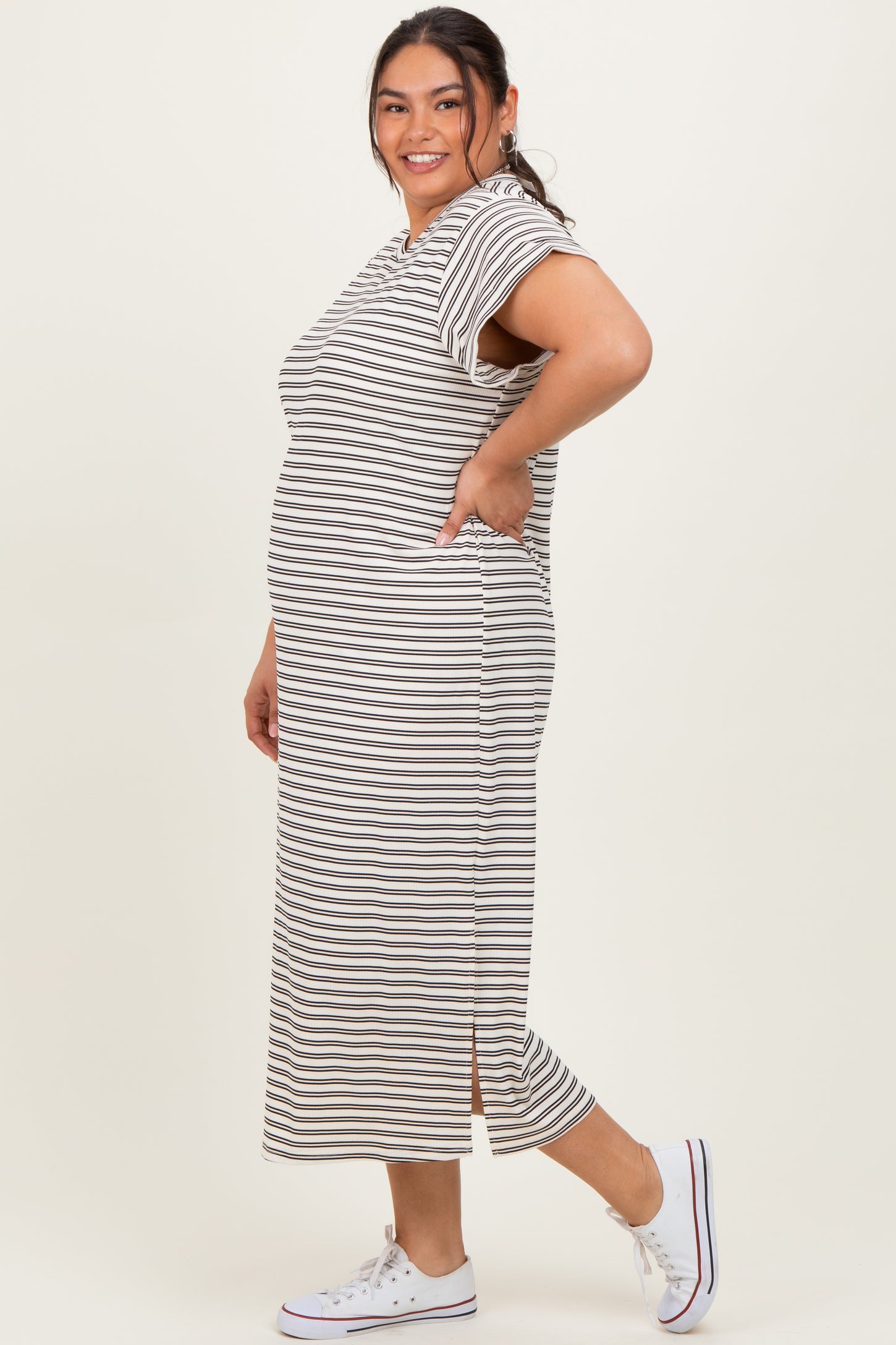 Black Striped Plus Midi T-Shirt Dress