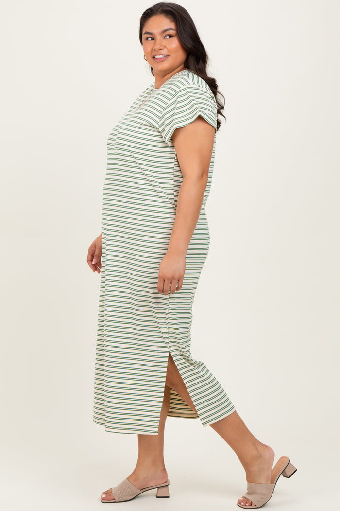Olive Striped Plus Midi T-Shirt Dress