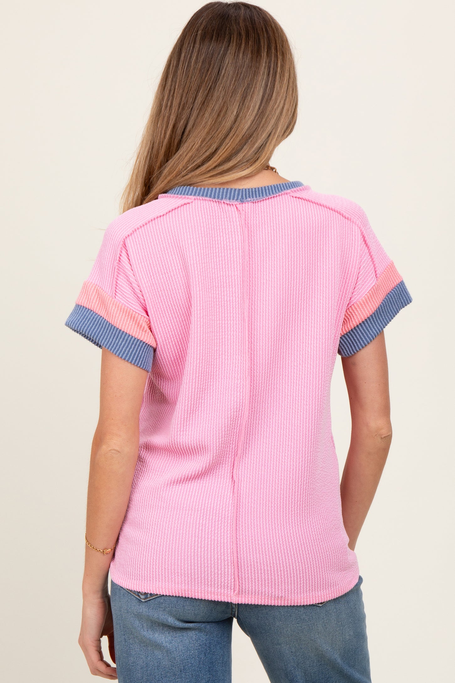 Pink Ribbed Colorblock Detail Maternity Short Sleeve Top