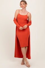 Orange Ribbed Cardigan 2 Piece Set