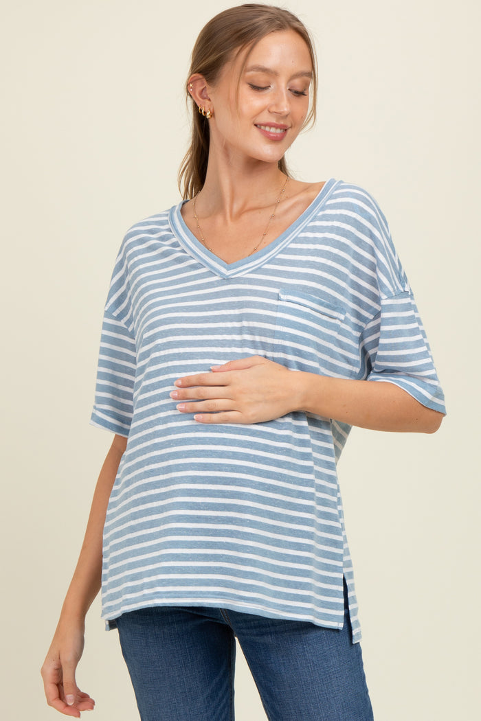 Blue Striped Oversized V-Neck Front Pocket Maternity T-Shirt