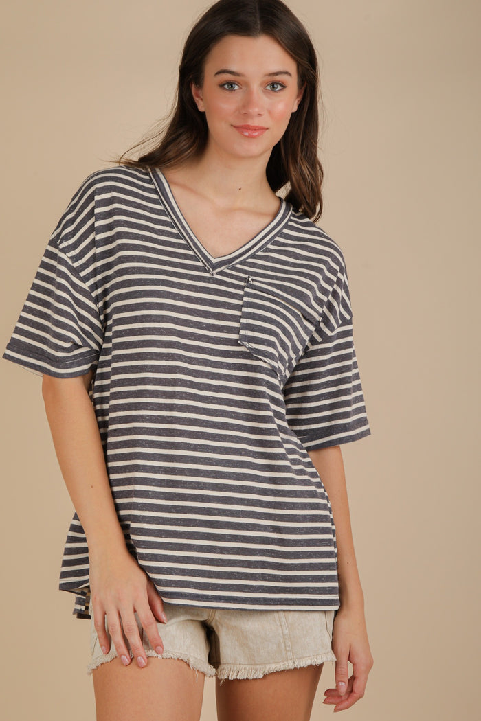 Navy Striped Oversized V-Neck Front Pocket T-Shirt