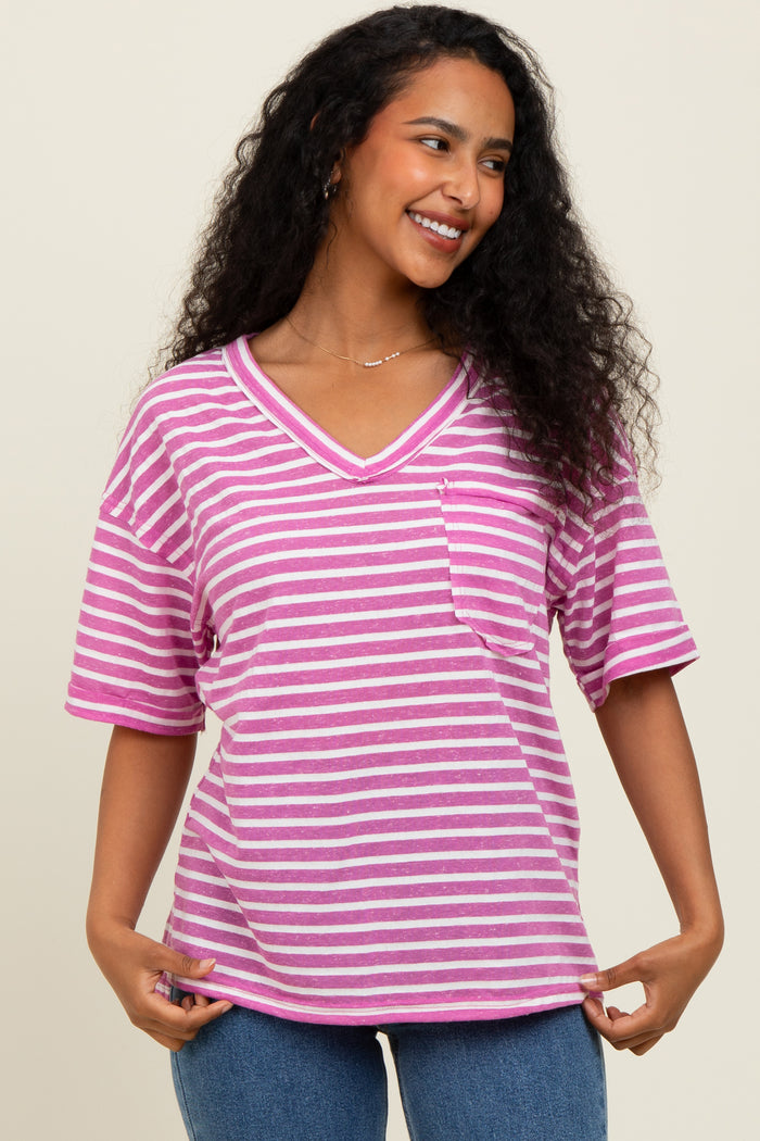 Mauve Striped Oversized V-Neck Front Pocket Maternity T-Shirt