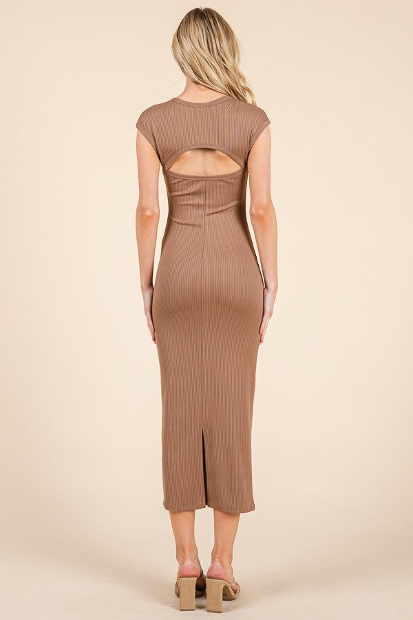 Mocha Ribbed Cap Sleeve Cutout Midi Dress