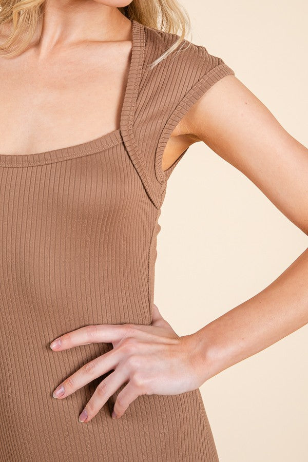Mocha Ribbed Cap Sleeve Cutout Midi Dress