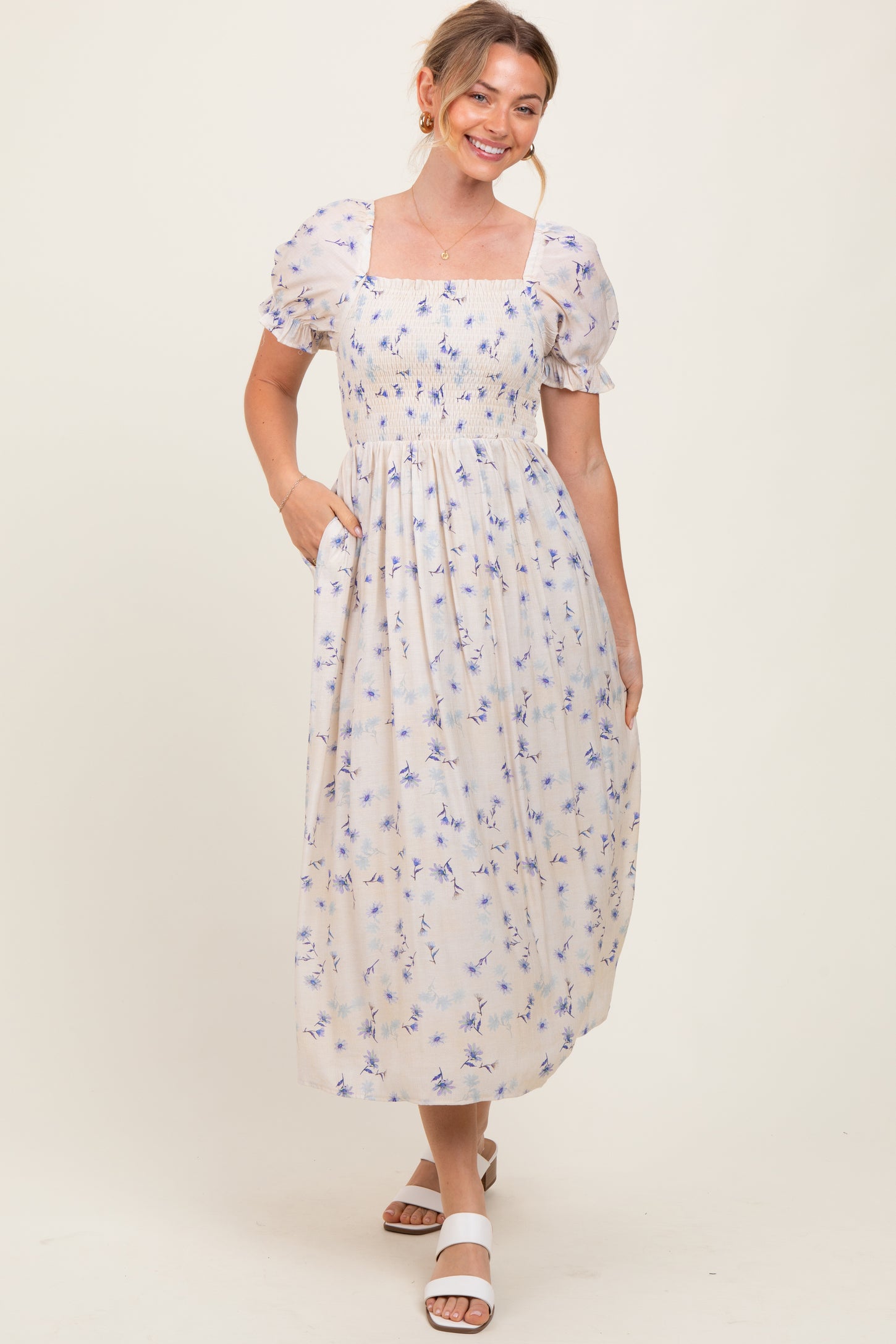 Blue Floral Printed Puff Sleeve Maternity Midi Dress