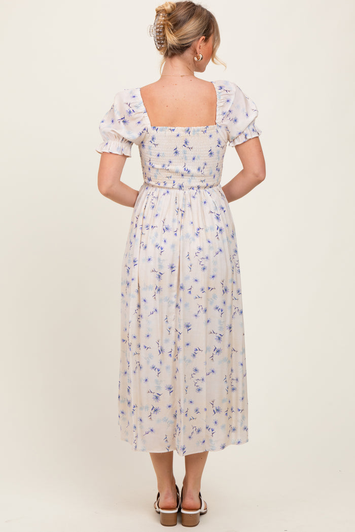 Blue Floral Printed Puff Sleeve Midi Dress