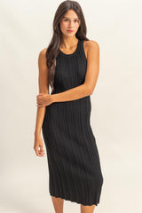 Black Round Neck Bodycon Ribbed Knit Midi Dress