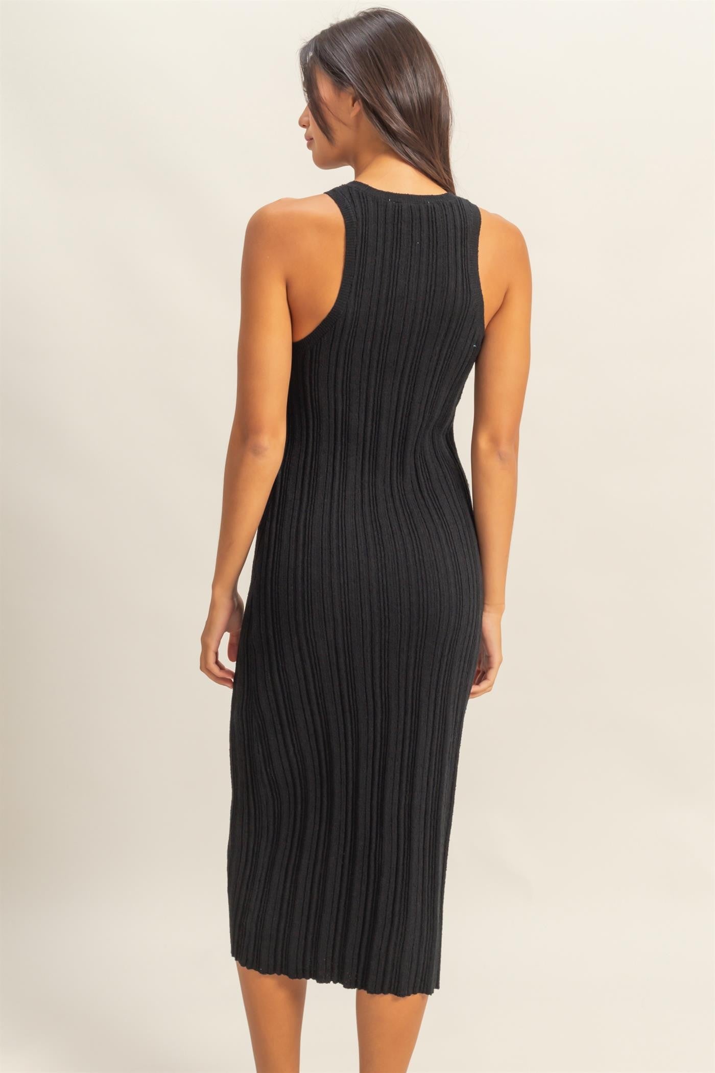 Black Round Neck Bodycon Ribbed Knit Midi Dress
