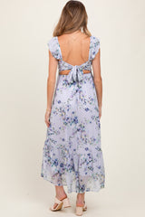Lilac Floral Textured Open Back Tie Maternity Maxi Dress