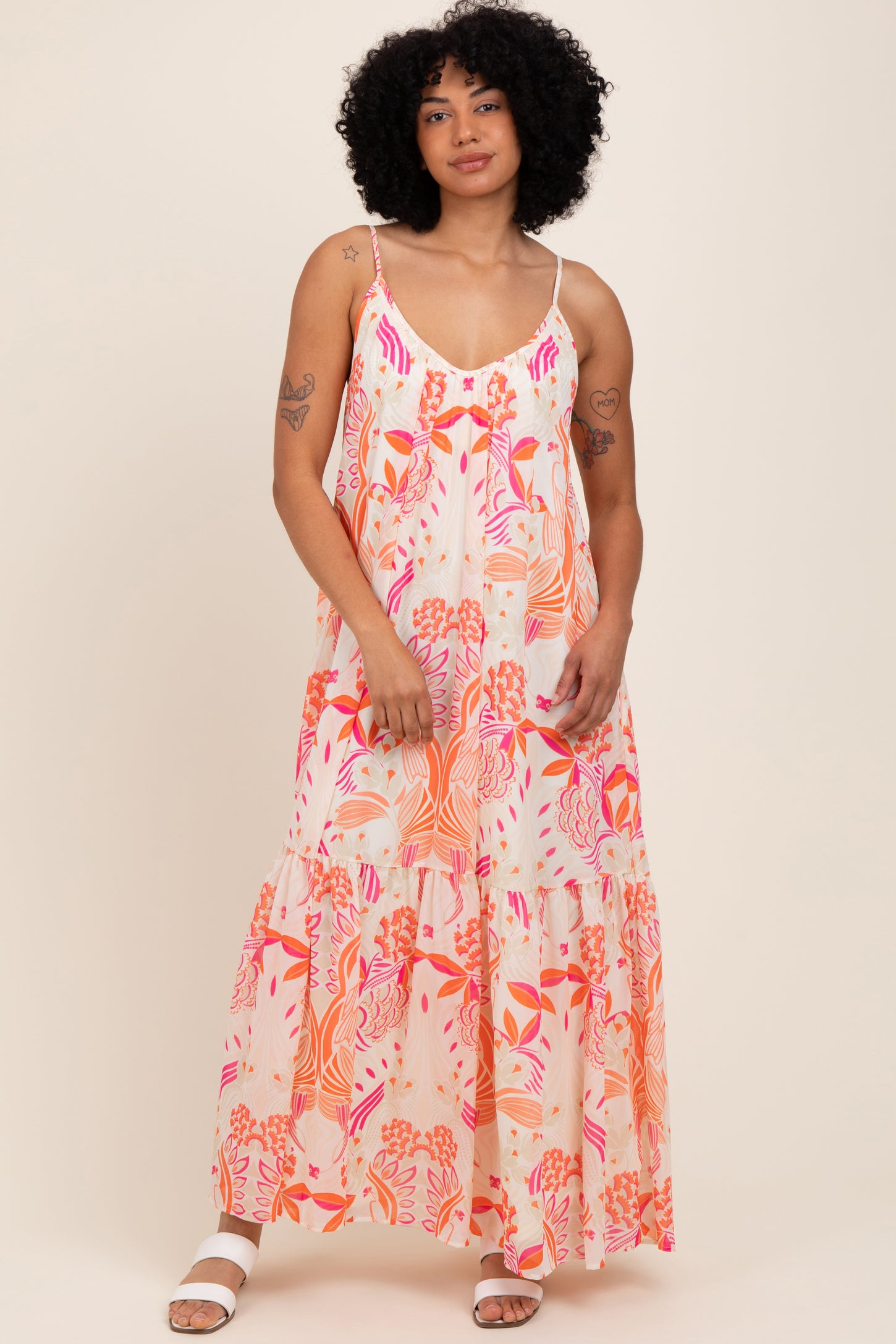 Orange Floral Tie Back Maternity Maxi Dress