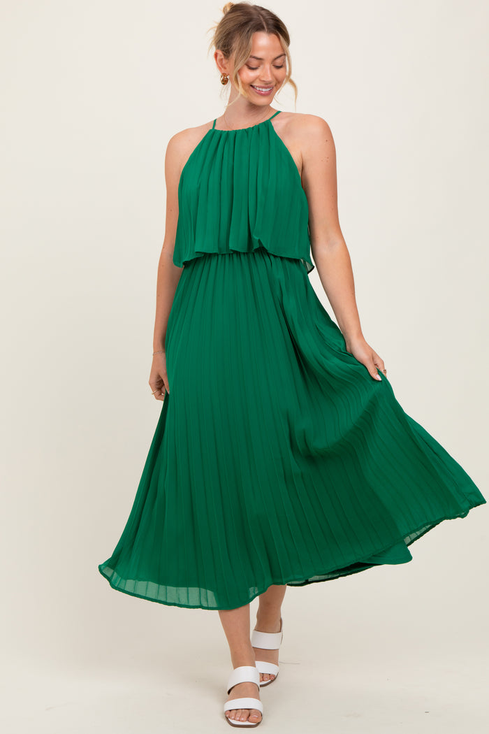 Green Pleated Woven Midi Dress