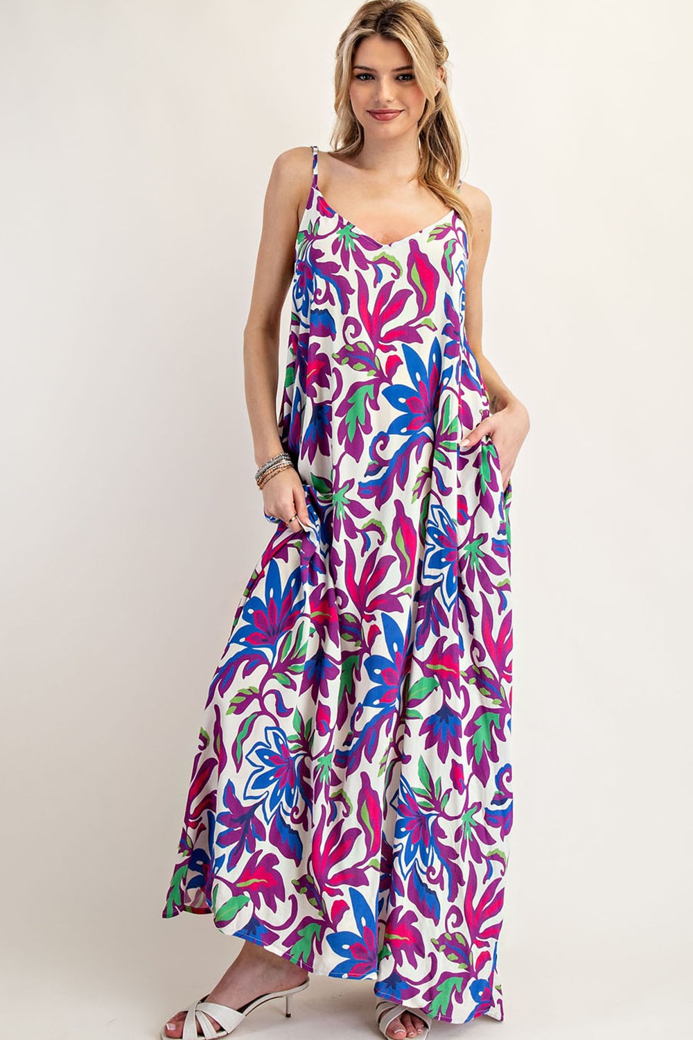 Purple Leaf Print Sleeveless Maxi Dress