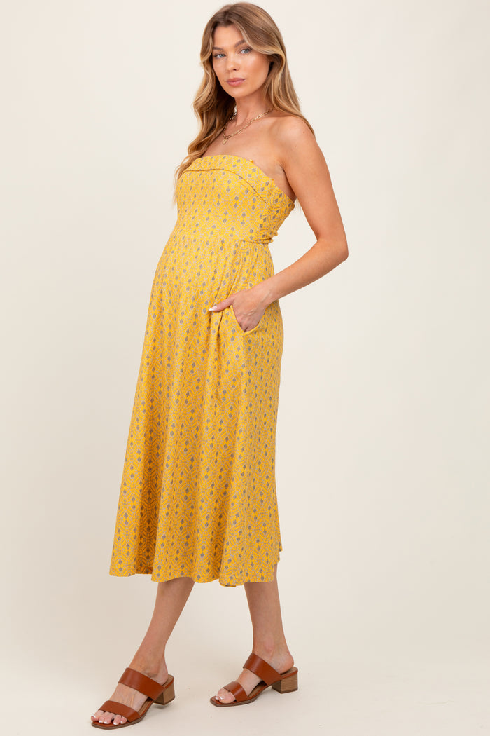 Yellow Lace Strapless Lace Up Back Maternity Midi Dress