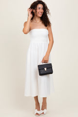 Ivory Lace Strapless Lace Up Back Midi Dress