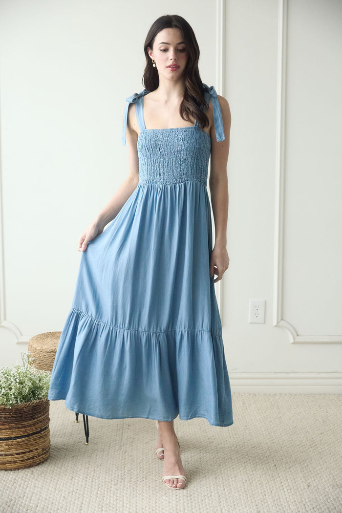 Blue Chambray Smocked Shoulder Tie Maxi Dress