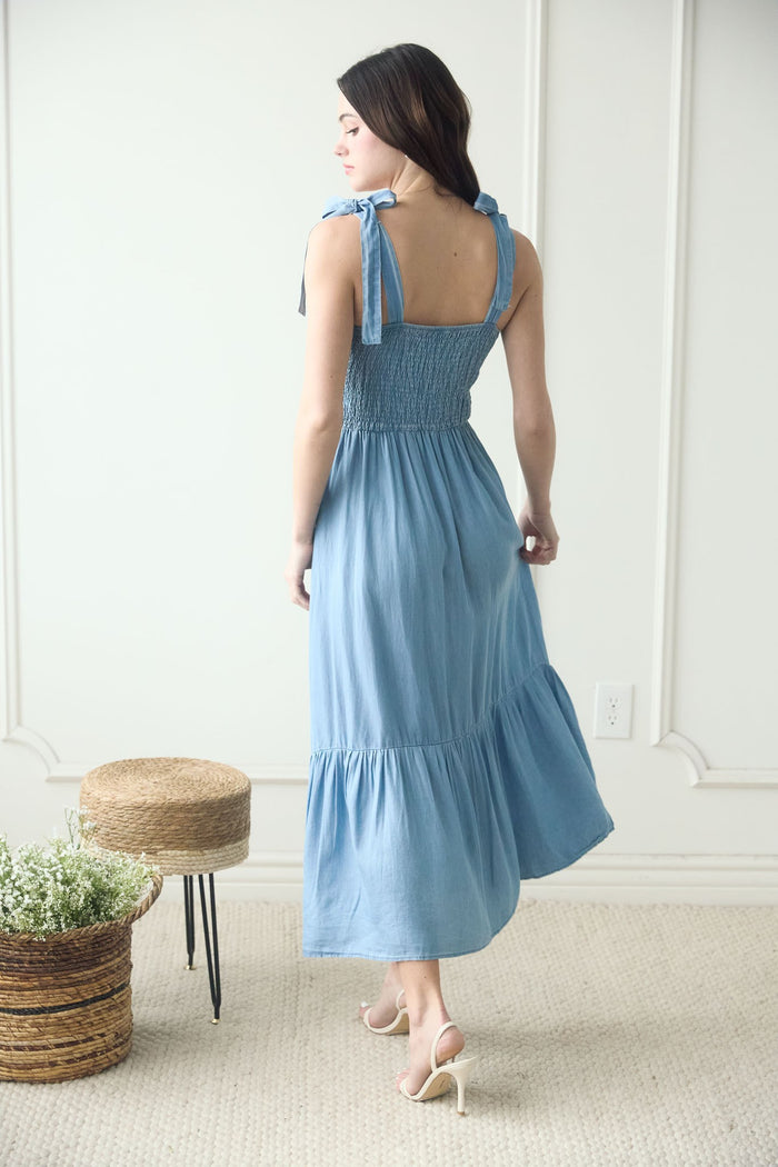 Blue Chambray Smocked Shoulder Tie Maxi Dress