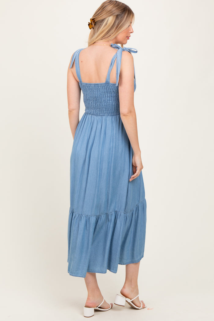 Blue Chambray Smocked Shoulder Tie Maternity Maxi Dress