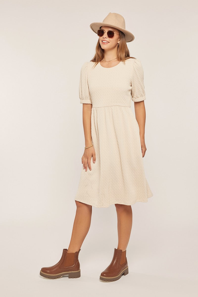 Ivory Textured Knit Puff Sleeve Midi Dress
