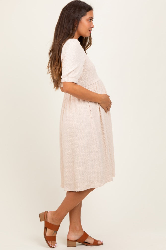 Ivory Textured Knit Puff Sleeve Maternity Midi Dress