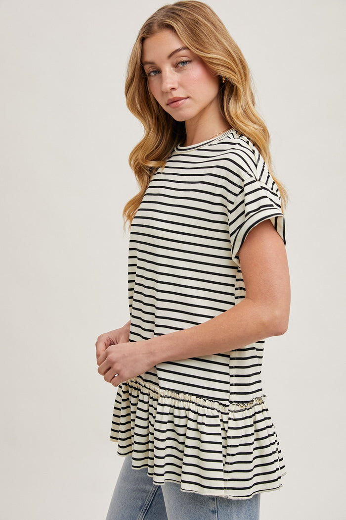Ivory Striped Ruffle Hem Short Sleeve Top