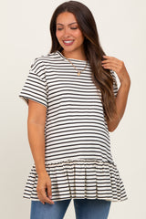 Ivory Striped Ruffle Hem Maternity Short Sleeve Top
