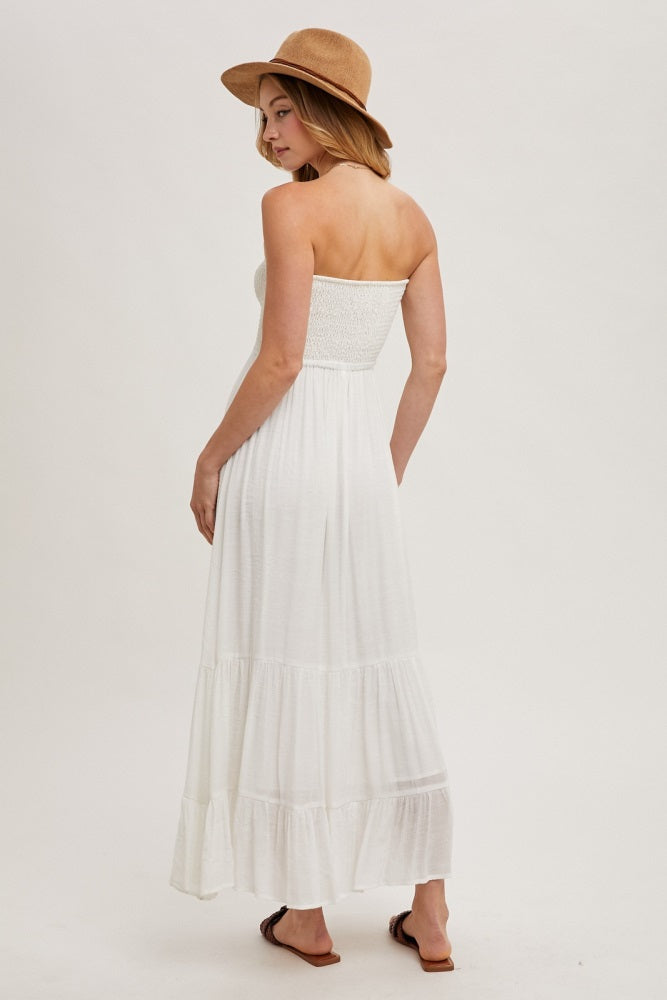 Ivory Smocked Strapless Front Tie Maxi Dress