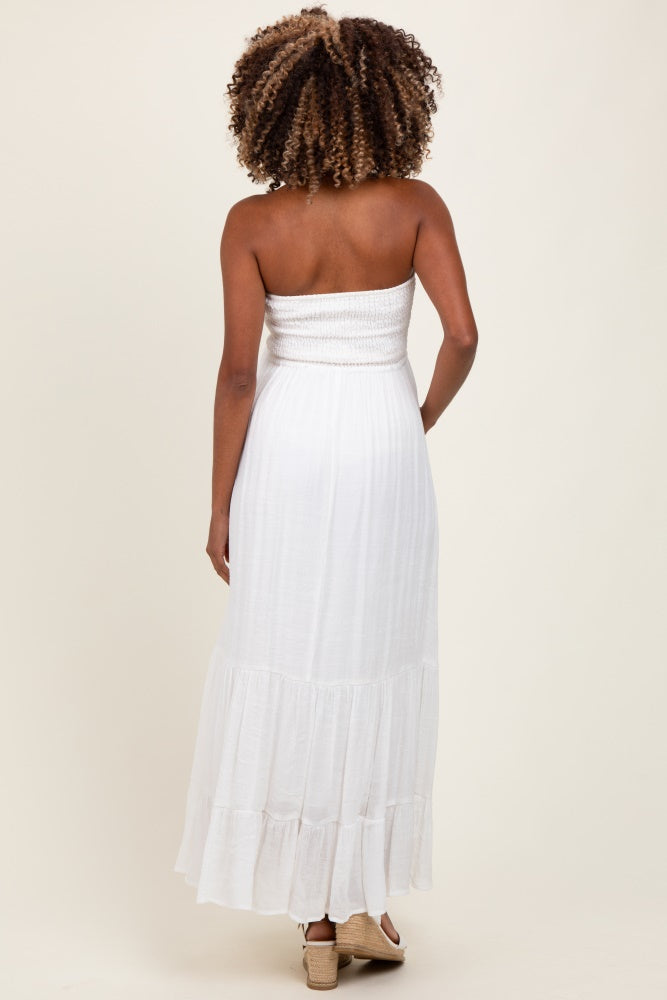 Ivory Smocked Strapless Front Tie Maternity Maxi Dress