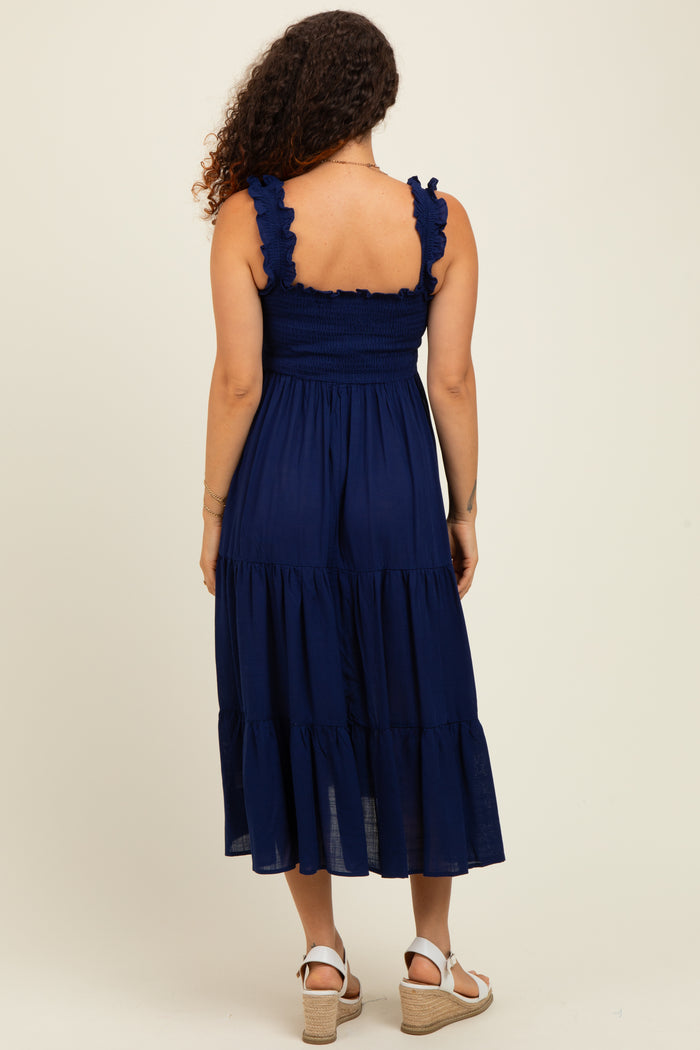 Navy Smocked Ruffle Strap Tiered Maternity Midi Dress