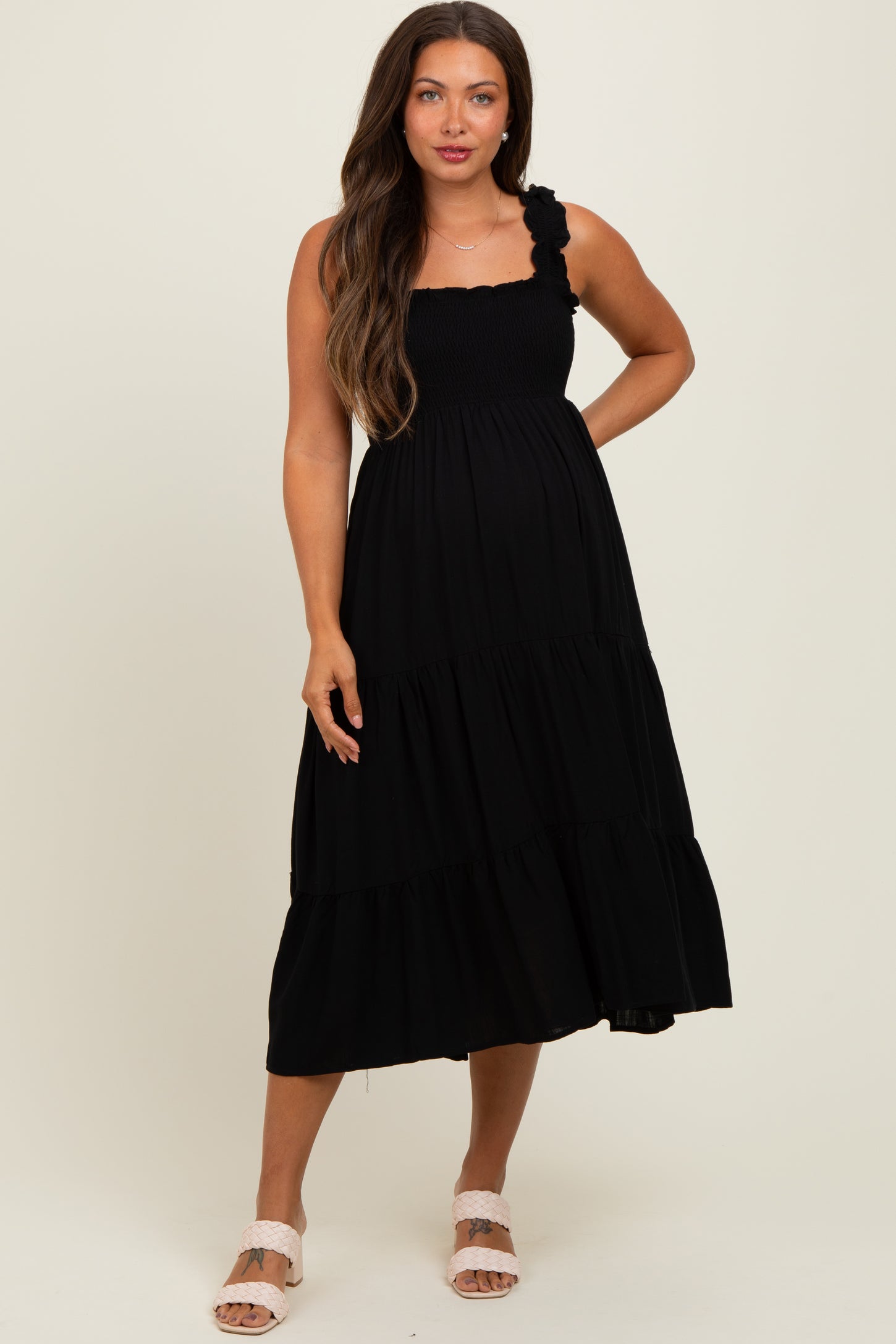 Black Smocked Ruffle Strap Tiered Maternity Midi Dress