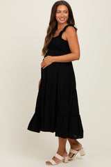 Black Smocked Ruffle Strap Tiered Maternity Midi Dress