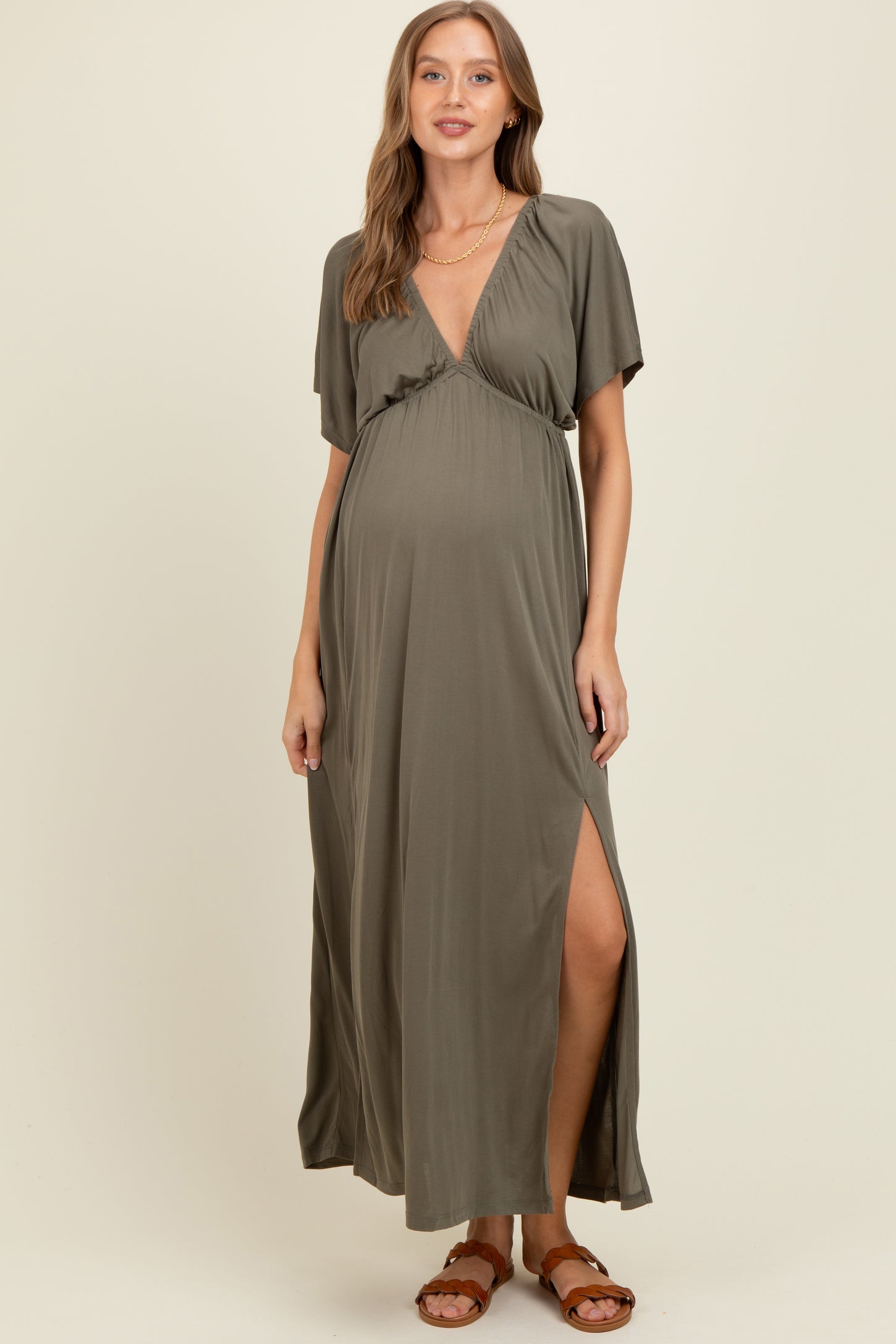 Olive V-Neck Flutter Sleeve Side Slit Maternity Maxi Dress