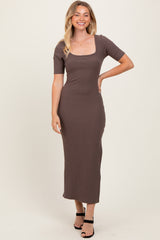 Brown Ribbed Short Sleeve Side Slit Maternity Midi Dress