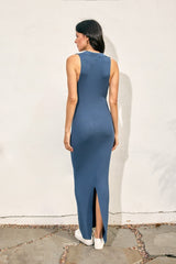 Blue Knit Collared Deep V-Neck Maxi Dress