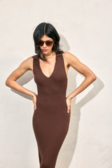 Brown Knit Collared Deep V-Neck Maxi Dress