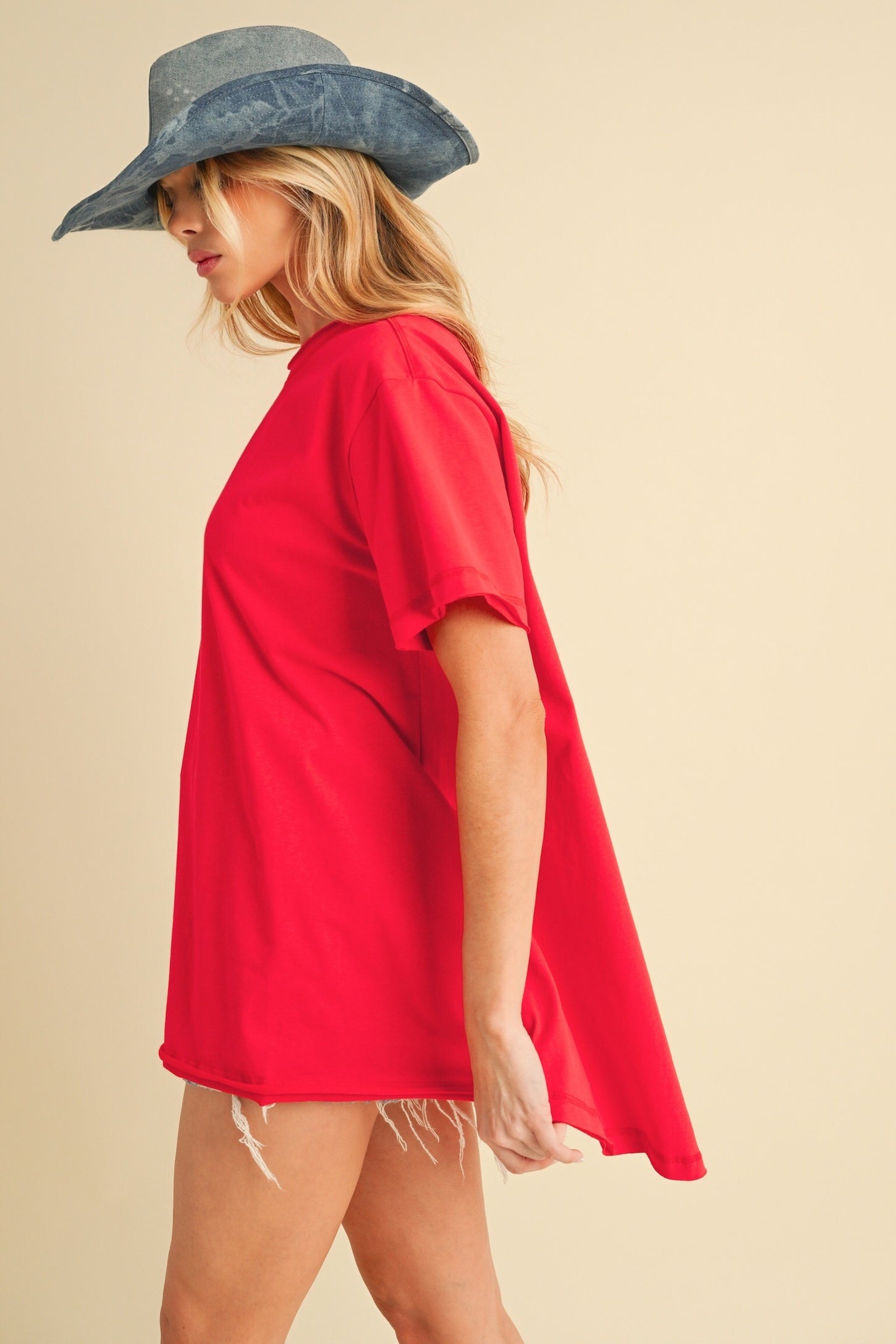 Red Oversized Cut Hem Short Sleeve T-Shirt