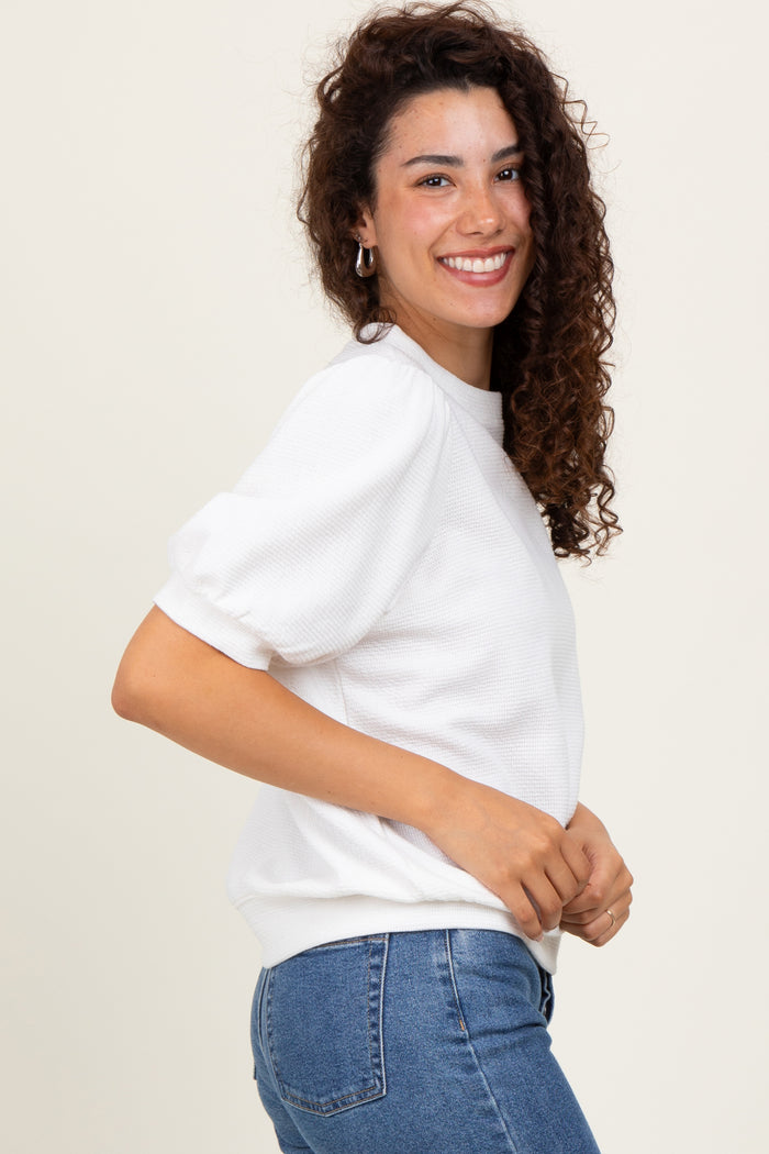 White Knit Puff Sleeve Top