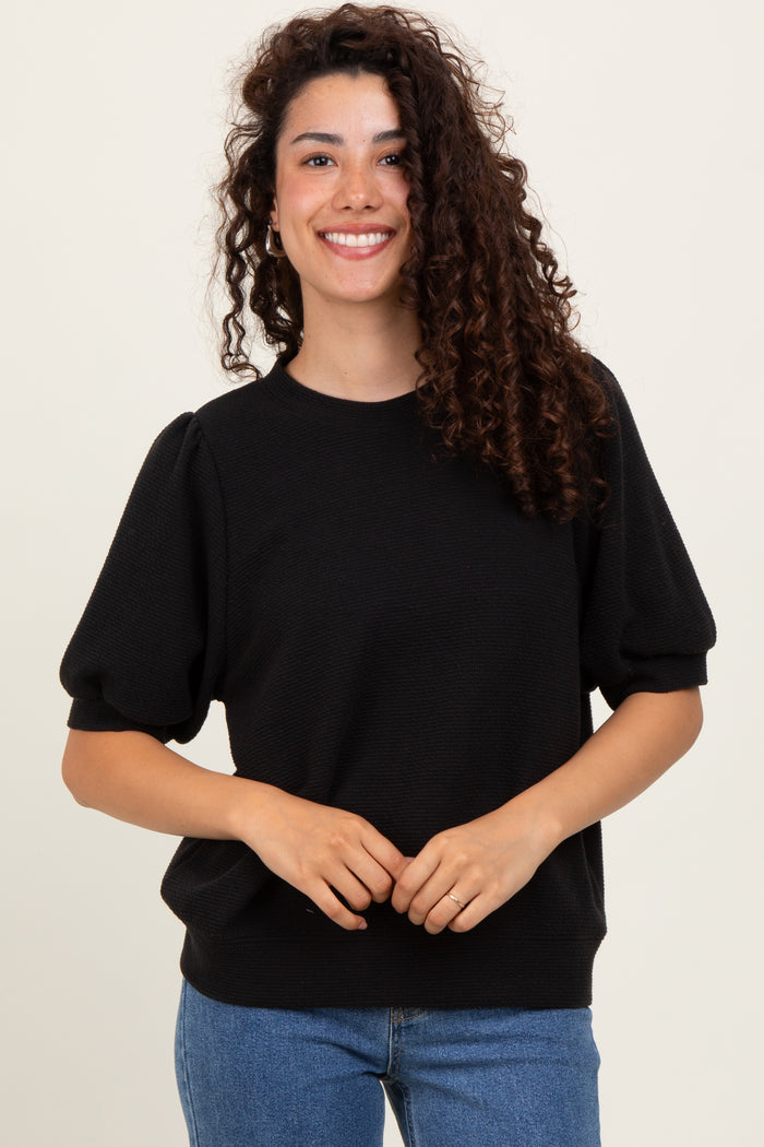 Black Knit Puff Sleeve Top