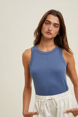 Light Navy Ribbed Basic Crew Neck Tank