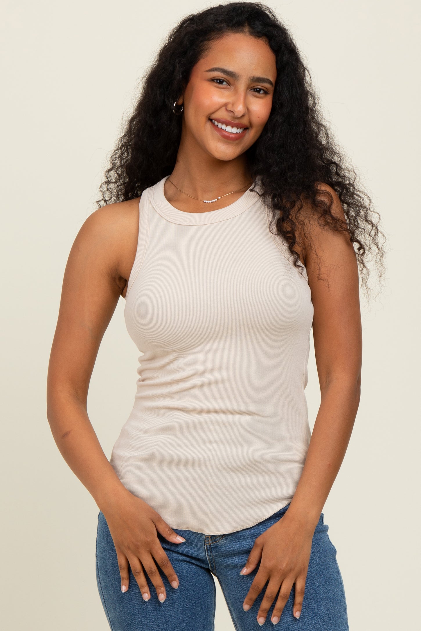 Cream Ribbed Basic Crew Neck Tank