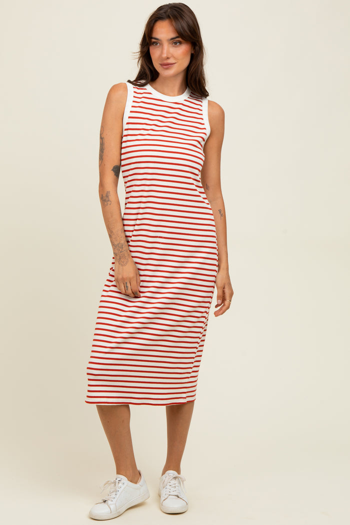Red Striped Ribbed Knit Sleeveless Midi Dress