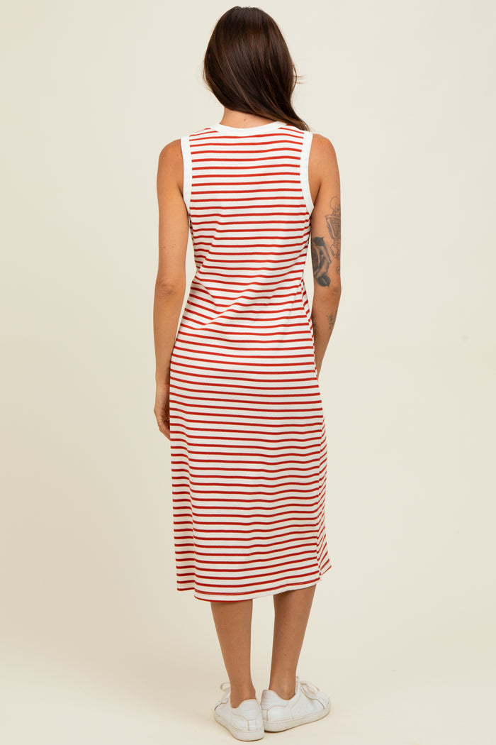 Red Striped Ribbed Knit Sleeveless Midi Dress